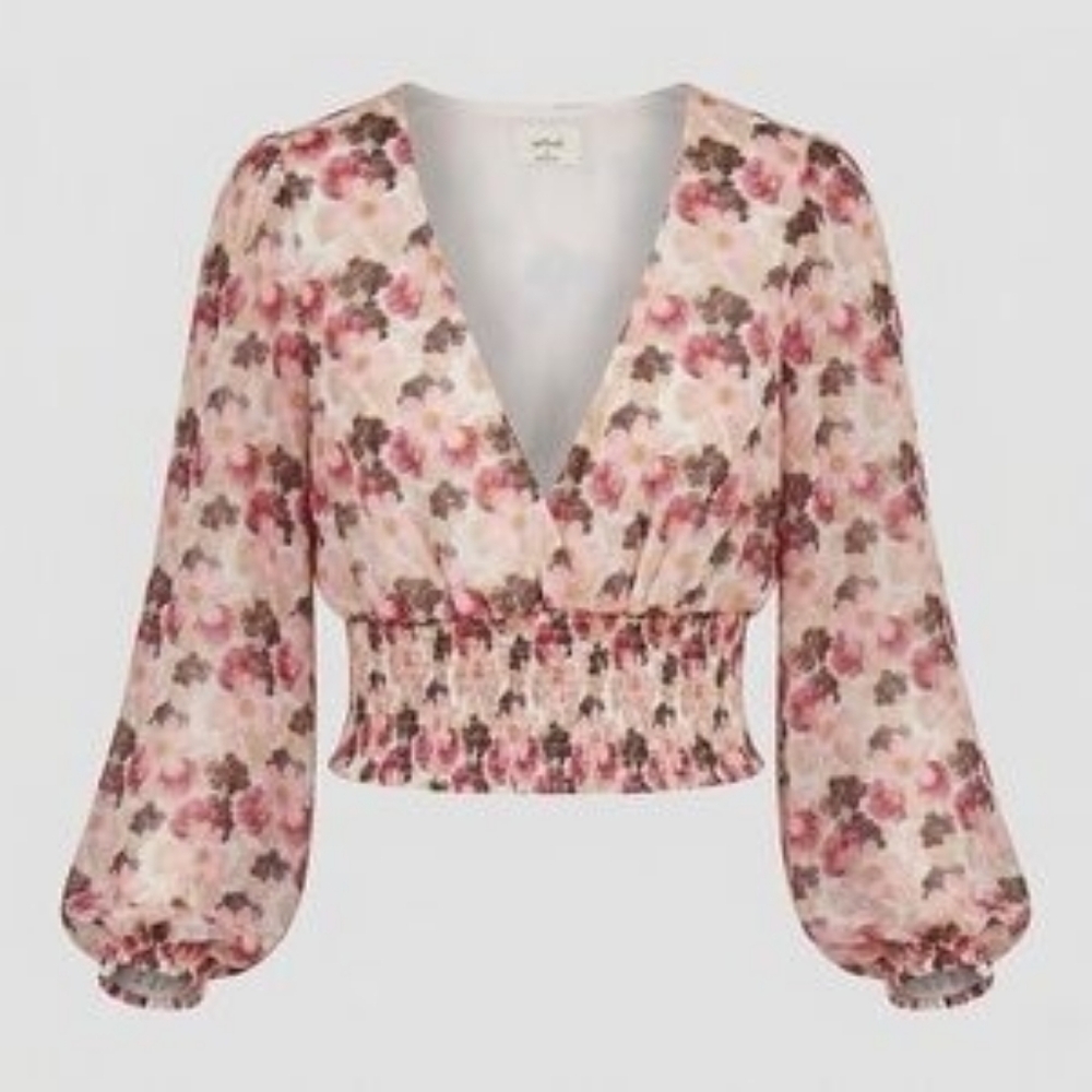 Wilfred Aritzia Wistful Smocked Crop Blouse Pink Floral Size S